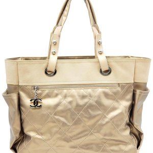 100% Authentic Chanel Gold Nylon Leather Tote Travel Shoulder Bag